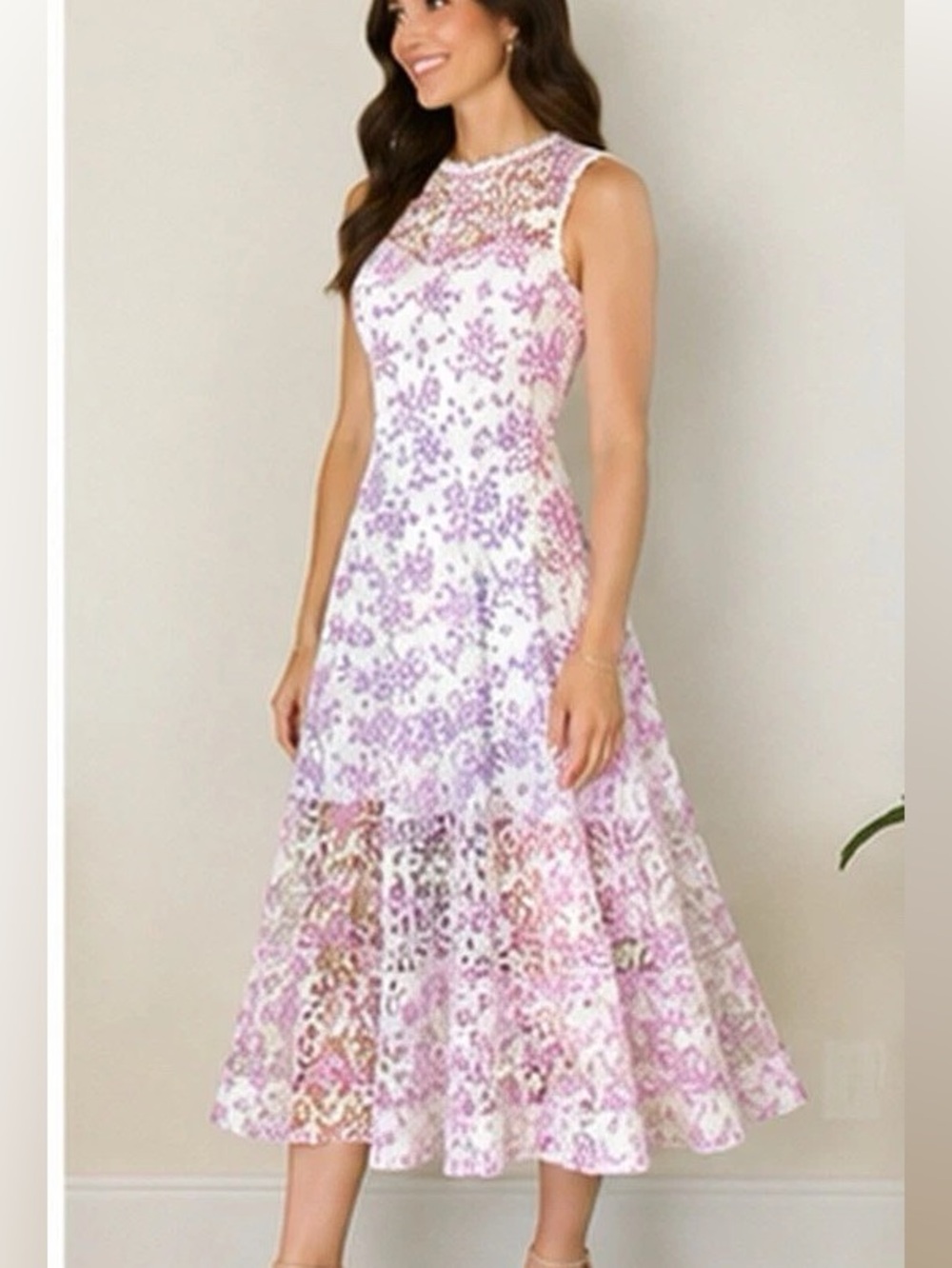 ML Monique Lhuillier Ivory Purple Floral Lace Maxi Dress Size 12 6182